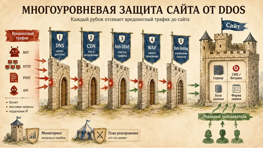 Многоуровневая защита сайта от DDoS: DNS, CDN, Anti-DDoS, WAF, сервер, CMS и мониторинг